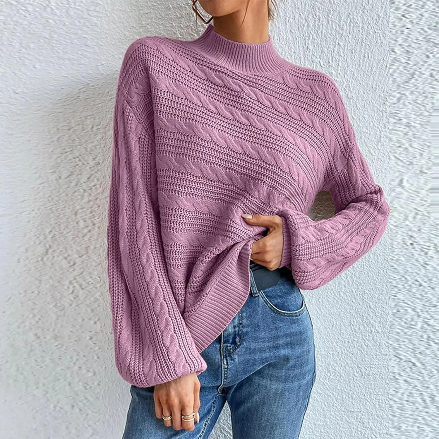Long Sleeve Sweater, Mock Neck, Drop Shoulder, Womens Cable Knit Sweater, for Winter