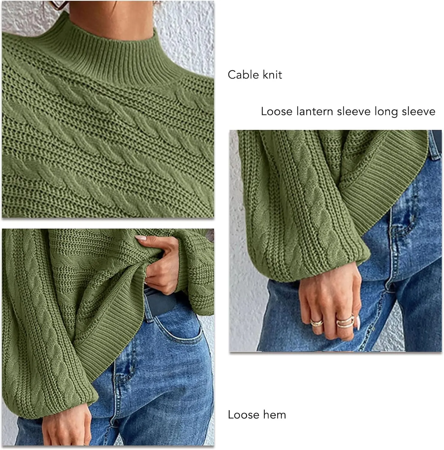Long Sleeve Sweater, Mock Neck, Drop Shoulder, Womens Cable Knit Sweater, for Winter