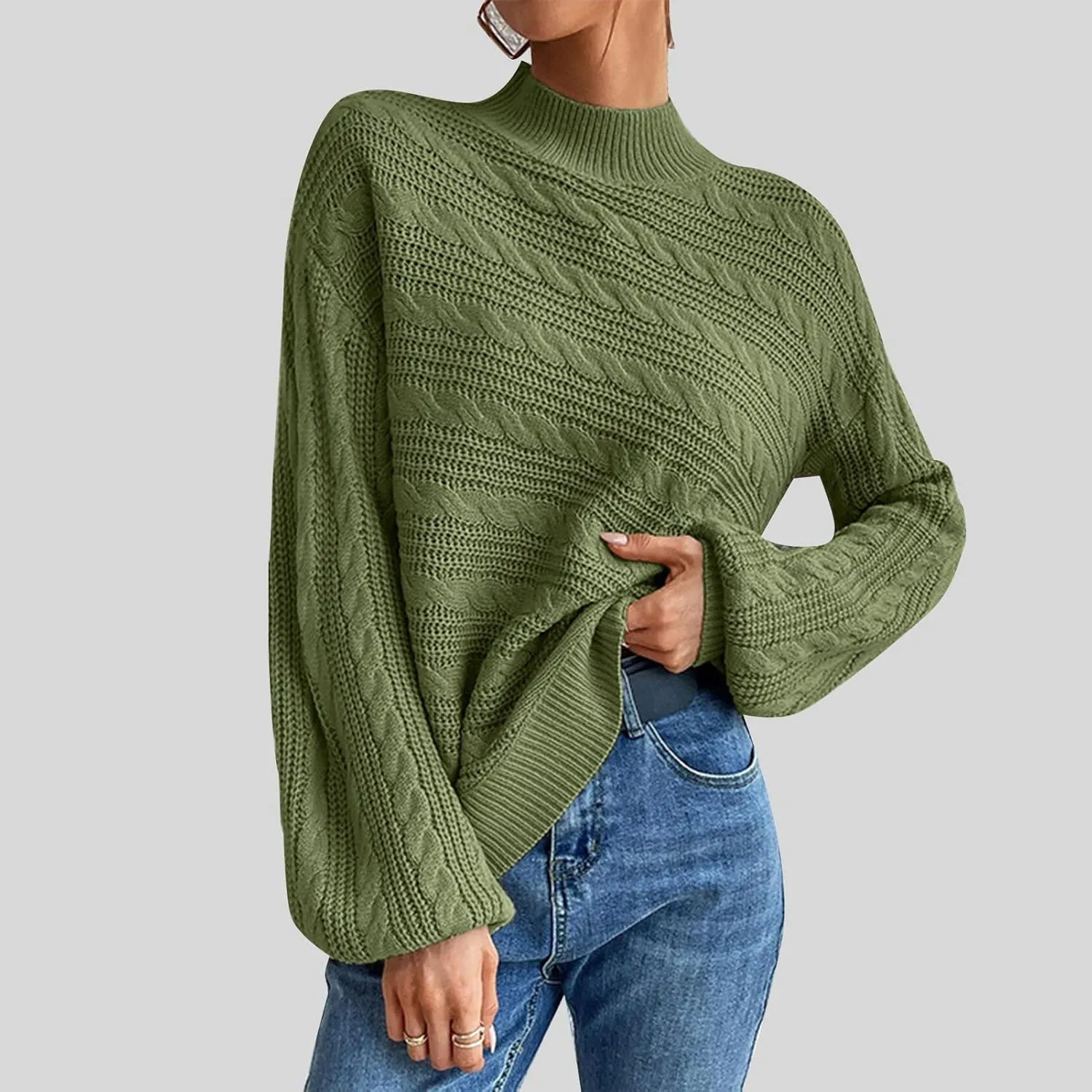 Long Sleeve Sweater, Mock Neck, Drop Shoulder, Womens Cable Knit Sweater, for Winter