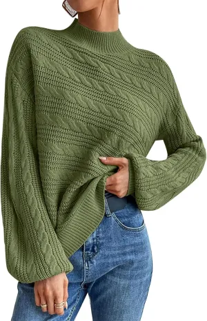 Long Sleeve Sweater, Mock Neck, Drop Shoulder, Womens Cable Knit Sweater, for Winter