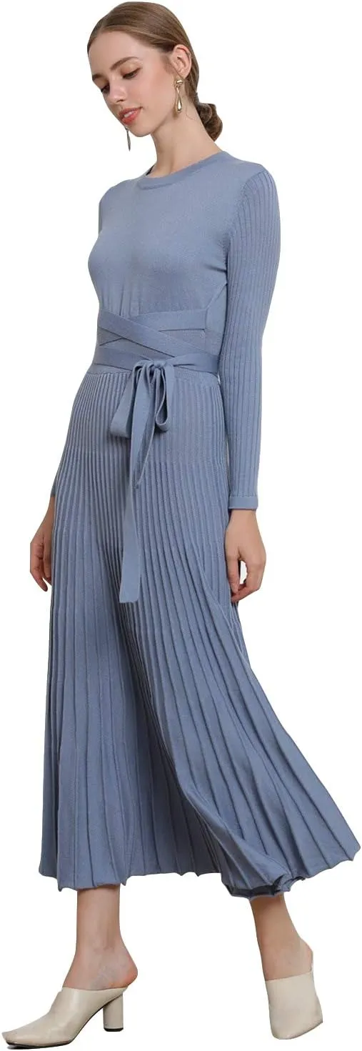 LOUSEA Women fit and Flare Sweater Dress tie Waist Pleated Dress Crewneck Knitted Dress