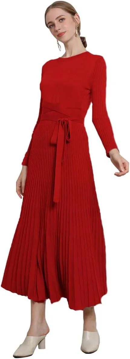 LOUSEA Women fit and Flare Sweater Dress tie Waist Pleated Dress Crewneck Knitted Dress