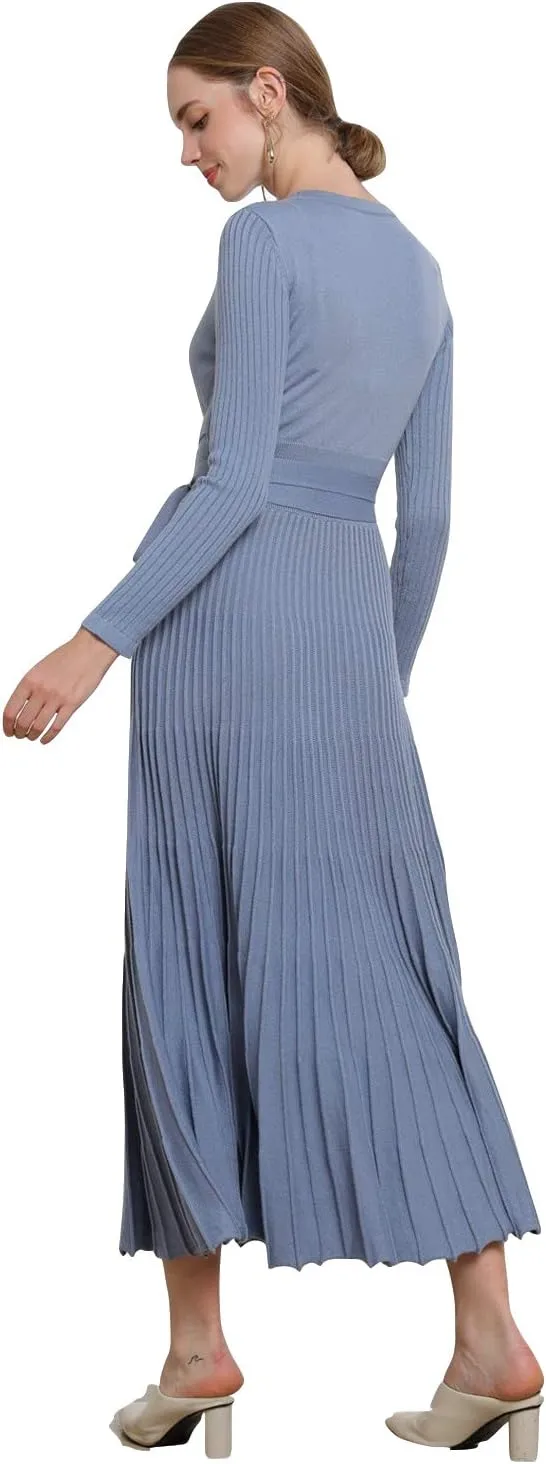 LOUSEA Women fit and Flare Sweater Dress tie Waist Pleated Dress Crewneck Knitted Dress