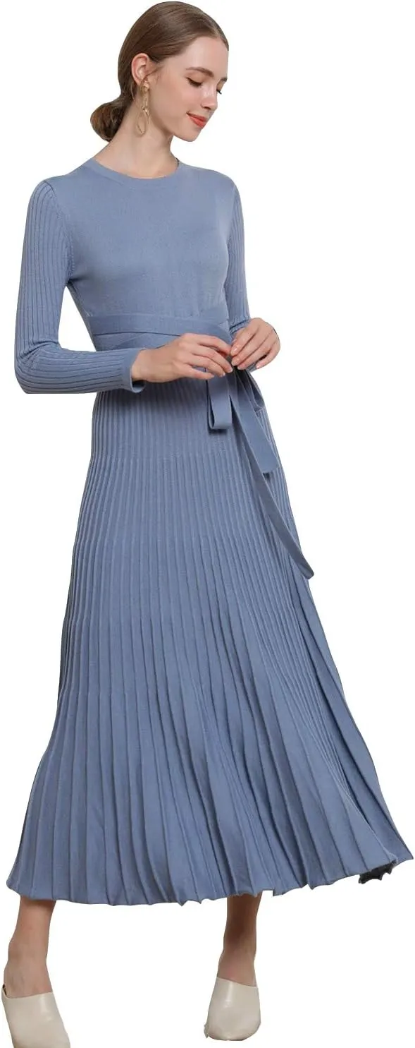 LOUSEA Women fit and Flare Sweater Dress tie Waist Pleated Dress Crewneck Knitted Dress