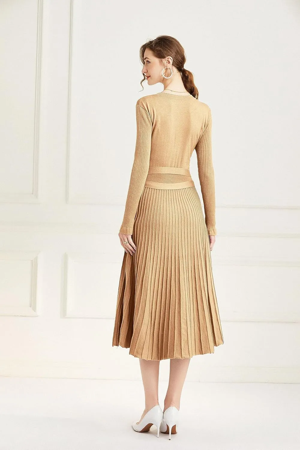 LOUSEA Women fit and Flare Sweater Dress tie Waist Pleated Dress Crewneck Knitted Dress