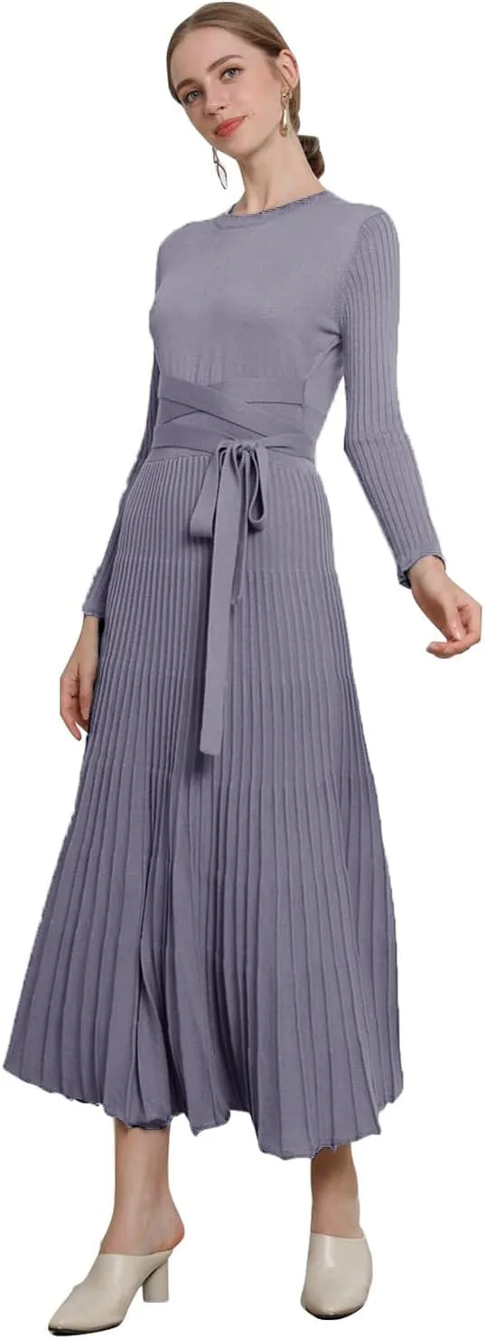 LOUSEA Women fit and Flare Sweater Dress tie Waist Pleated Dress Crewneck Knitted Dress