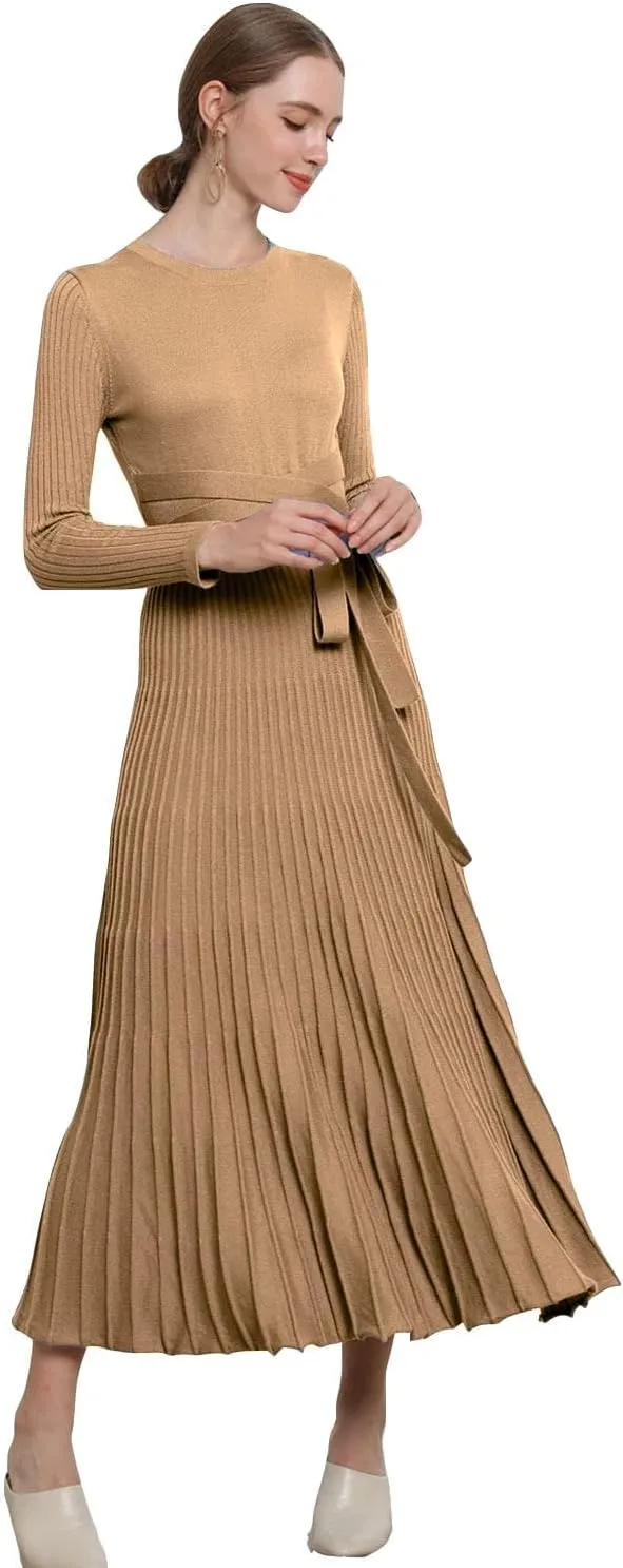 LOUSEA Women fit and Flare Sweater Dress tie Waist Pleated Dress Crewneck Knitted Dress