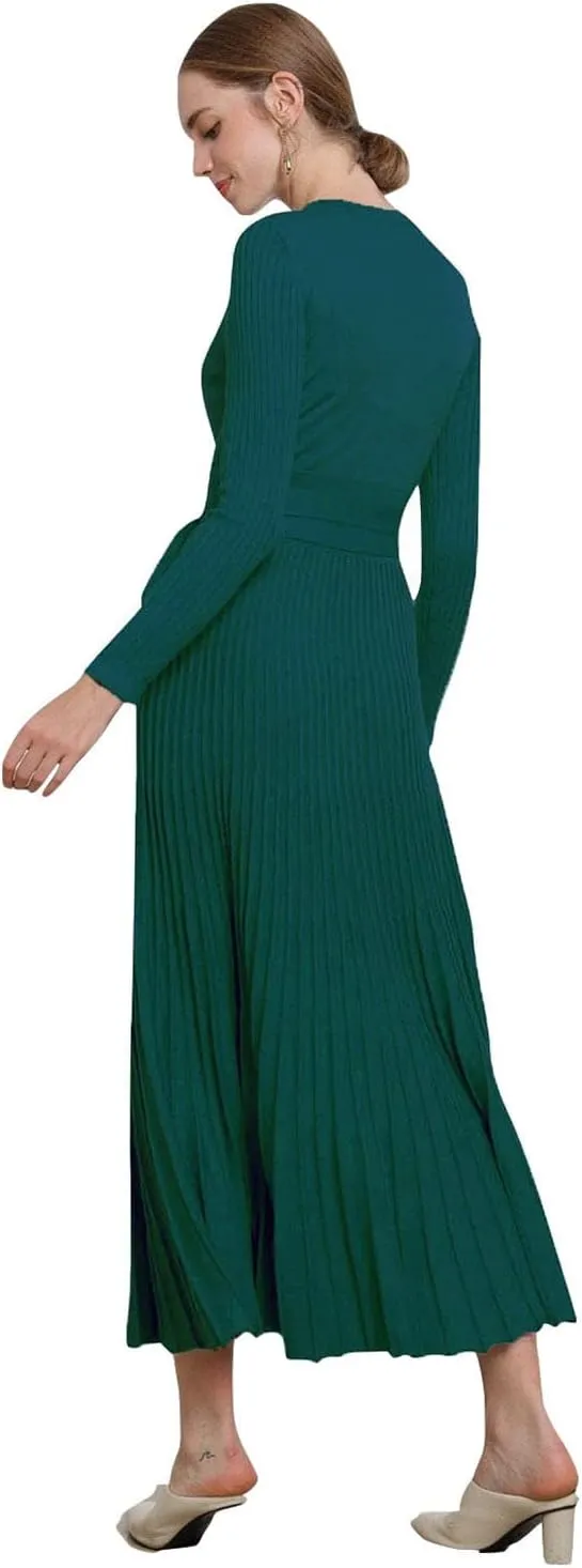 LOUSEA Women fit and Flare Sweater Dress tie Waist Pleated Dress Crewneck Knitted Dress