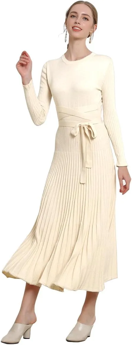 LOUSEA Women fit and Flare Sweater Dress tie Waist Pleated Dress Crewneck Knitted Dress