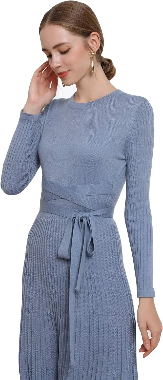 LOUSEA Women fit and Flare Sweater Dress tie Waist Pleated Dress Crewneck Knitted Dress