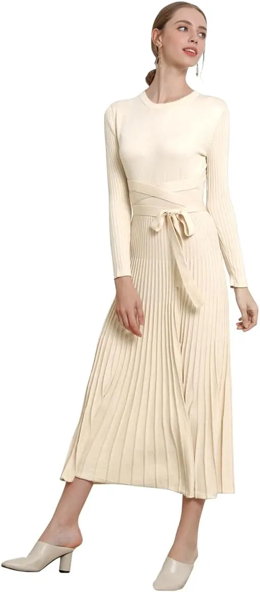 LOUSEA Women fit and Flare Sweater Dress tie Waist Pleated Dress Crewneck Knitted Dress