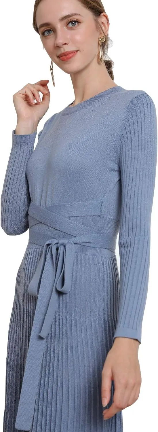 LOUSEA Women fit and Flare Sweater Dress tie Waist Pleated Dress Crewneck Knitted Dress