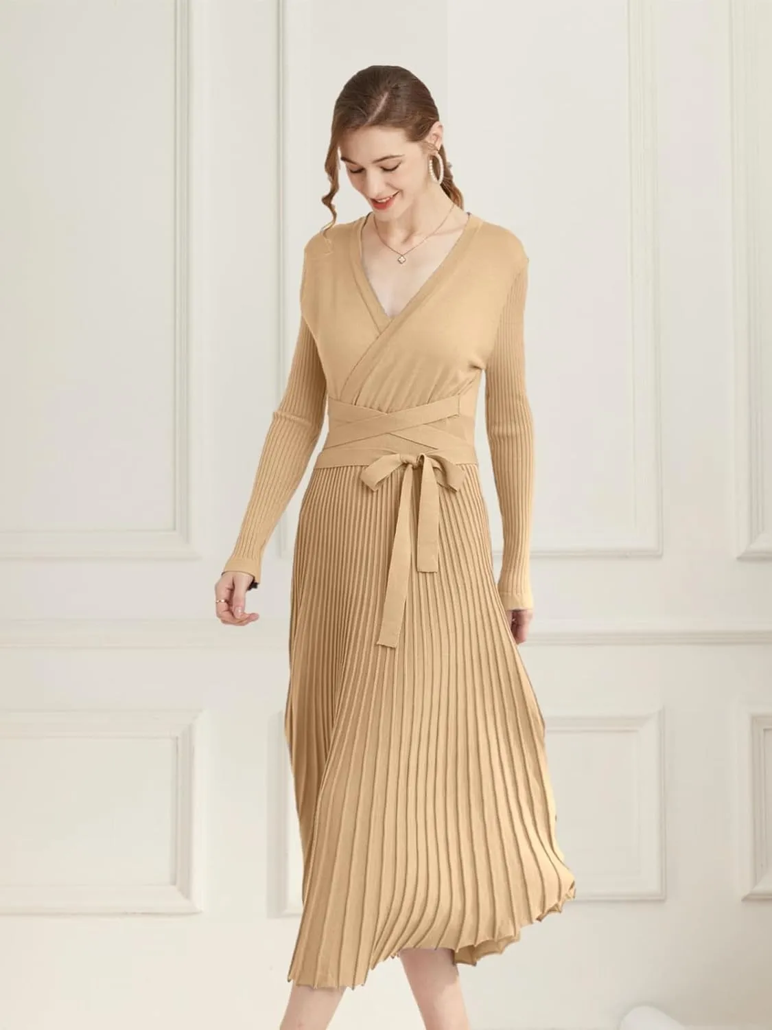 LOUSEA Women fit and Flare Sweater Dress tie Waist Pleated Dress Crewneck Knitted Dress