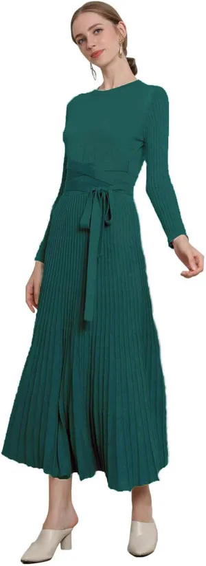 LOUSEA Women fit and Flare Sweater Dress tie Waist Pleated Dress Crewneck Knitted Dress