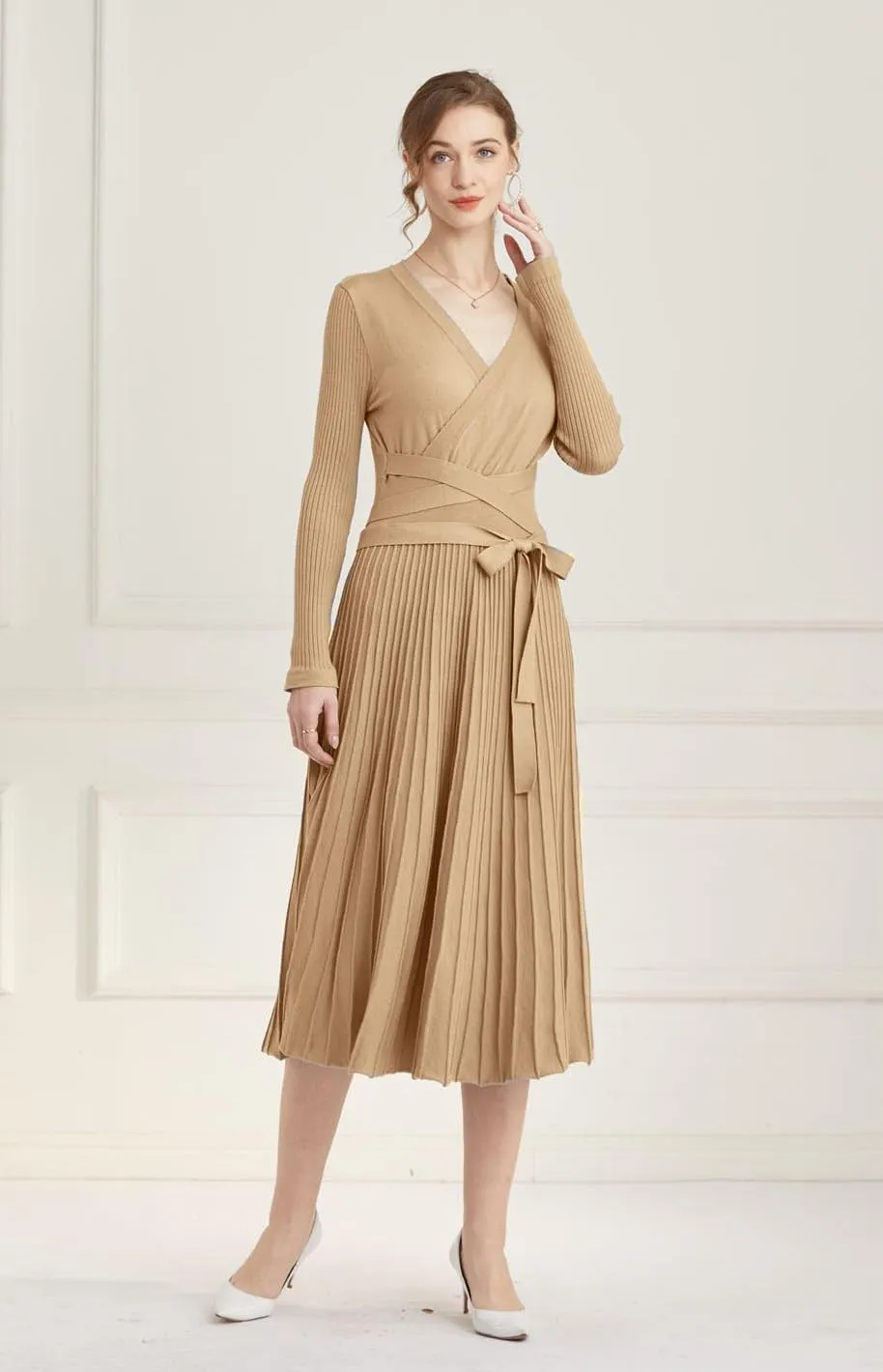 LOUSEA Women fit and Flare Sweater Dress tie Waist Pleated Dress Crewneck Knitted Dress