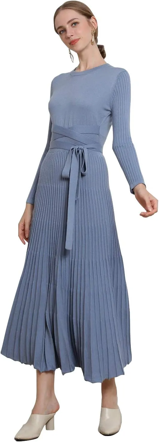 LOUSEA Women fit and Flare Sweater Dress tie Waist Pleated Dress Crewneck Knitted Dress