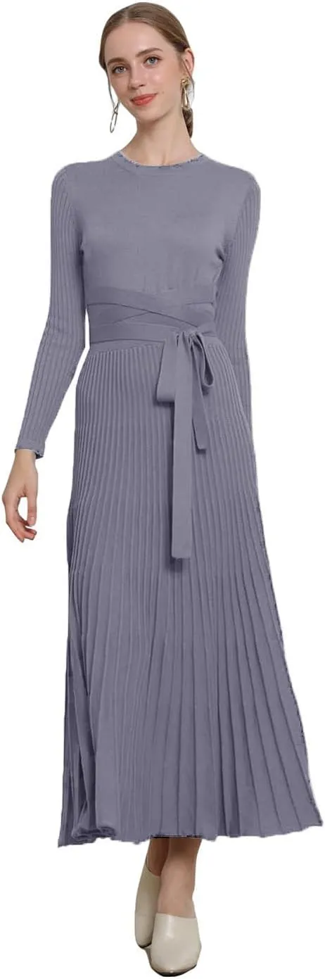LOUSEA Women fit and Flare Sweater Dress tie Waist Pleated Dress Crewneck Knitted Dress
