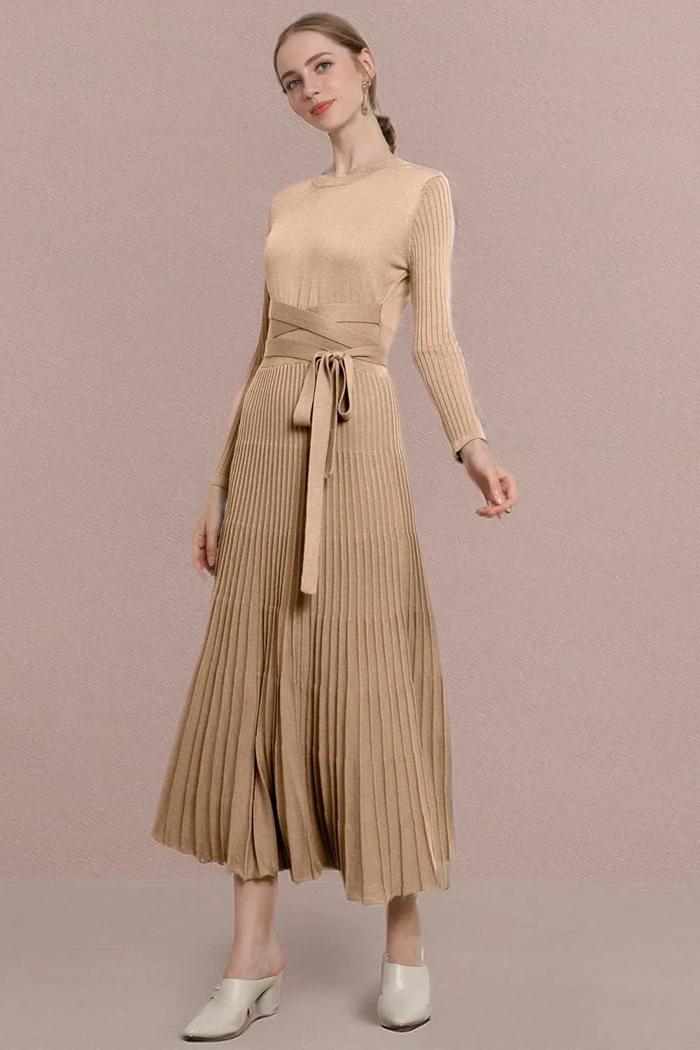 LOUSEA Women fit and Flare Sweater Dress tie Waist Pleated Dress Crewneck Knitted Dress