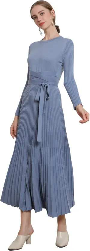 LOUSEA Women fit and Flare Sweater Dress tie Waist Pleated Dress Crewneck Knitted Dress