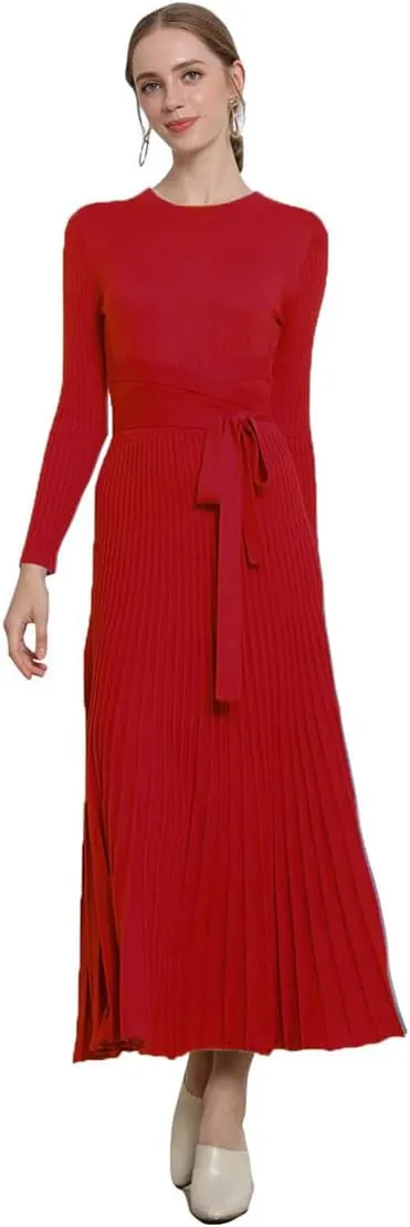 LOUSEA Women fit and Flare Sweater Dress tie Waist Pleated Dress Crewneck Knitted Dress