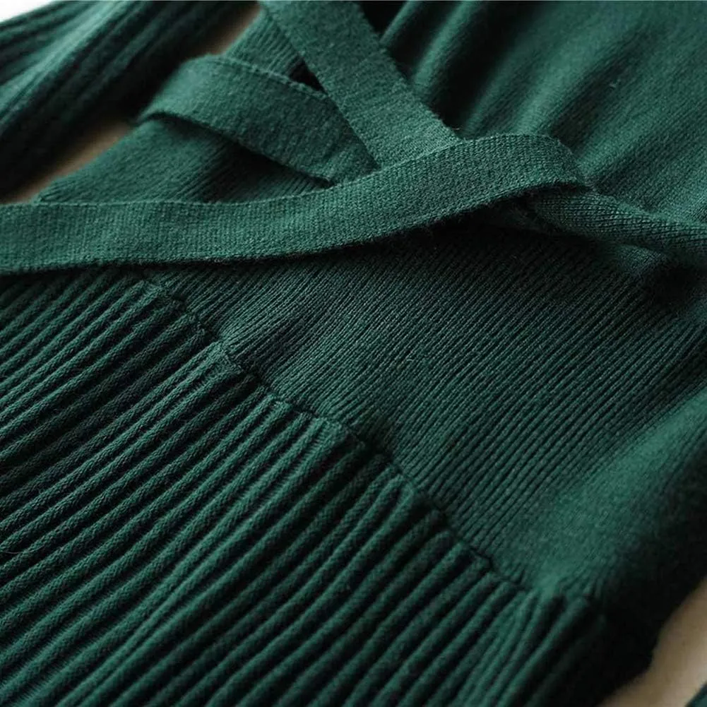 LOUSEA Women fit and Flare Sweater Dress tie Waist Pleated Dress Crewneck Knitted Dress