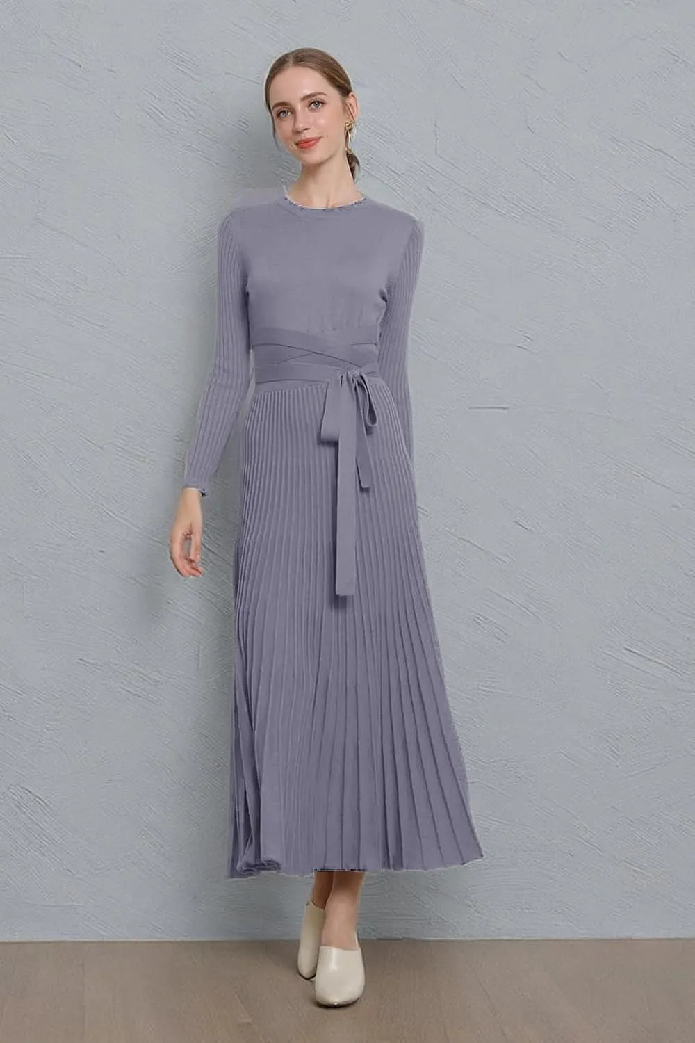 LOUSEA Women fit and Flare Sweater Dress tie Waist Pleated Dress Crewneck Knitted Dress