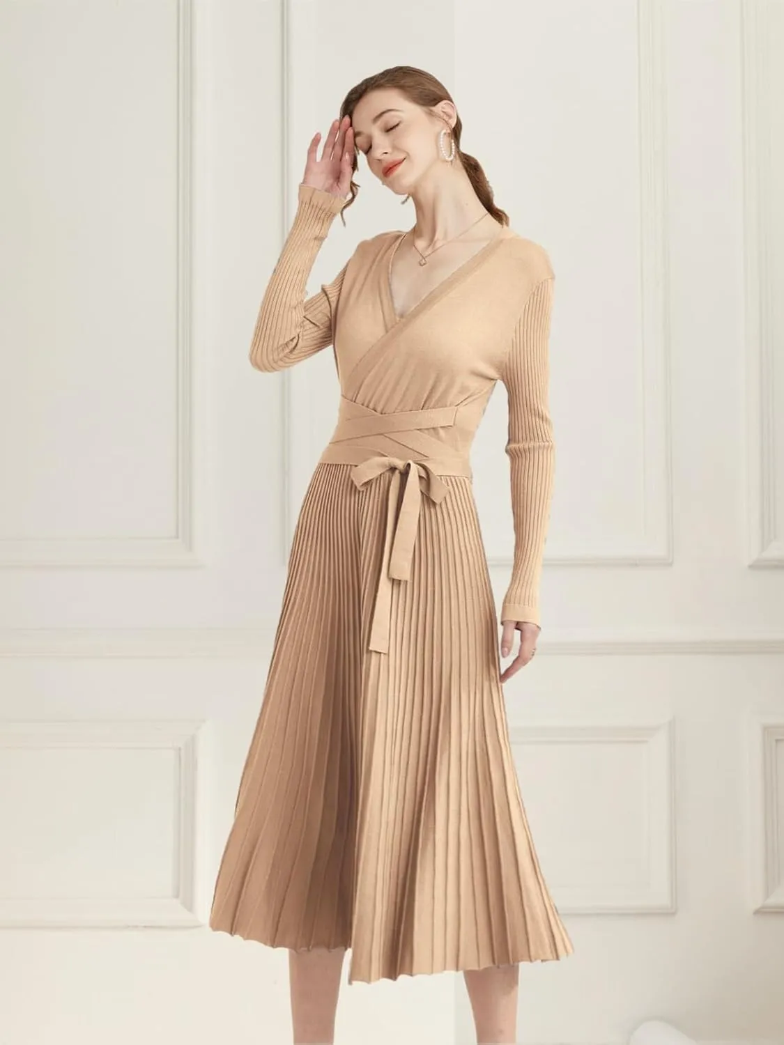 LOUSEA Women fit and Flare Sweater Dress tie Waist Pleated Dress Crewneck Knitted Dress