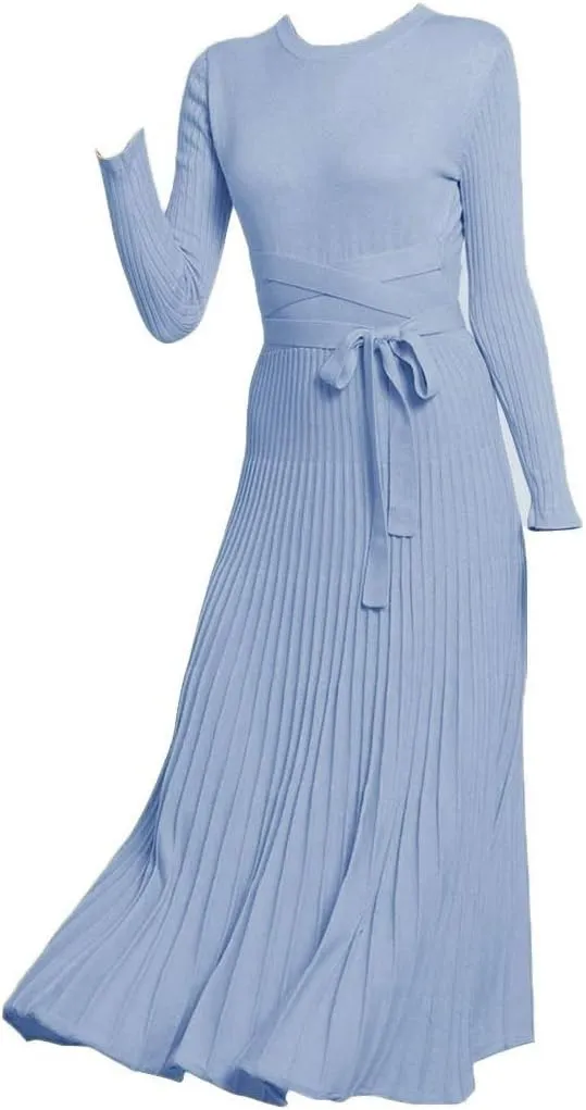 LOUSEA Women fit and Flare Sweater Dress tie Waist Pleated Dress Crewneck Knitted Dress