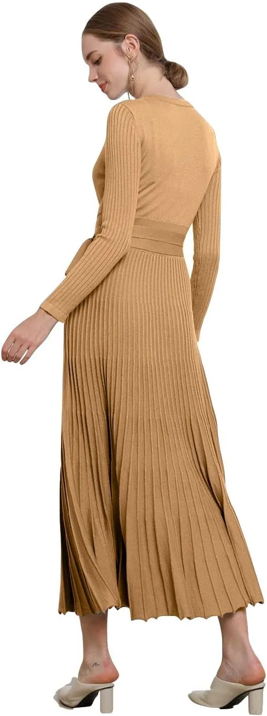 LOUSEA Women fit and Flare Sweater Dress tie Waist Pleated Dress Crewneck Knitted Dress