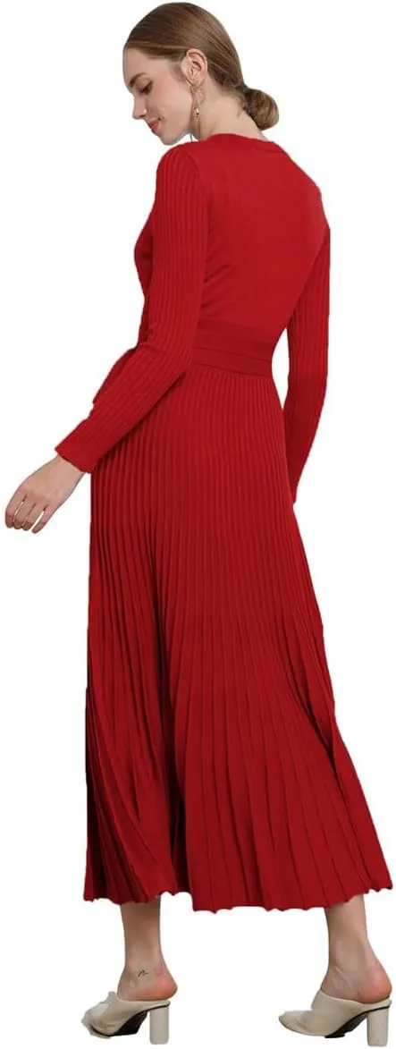 LOUSEA Women fit and Flare Sweater Dress tie Waist Pleated Dress Crewneck Knitted Dress