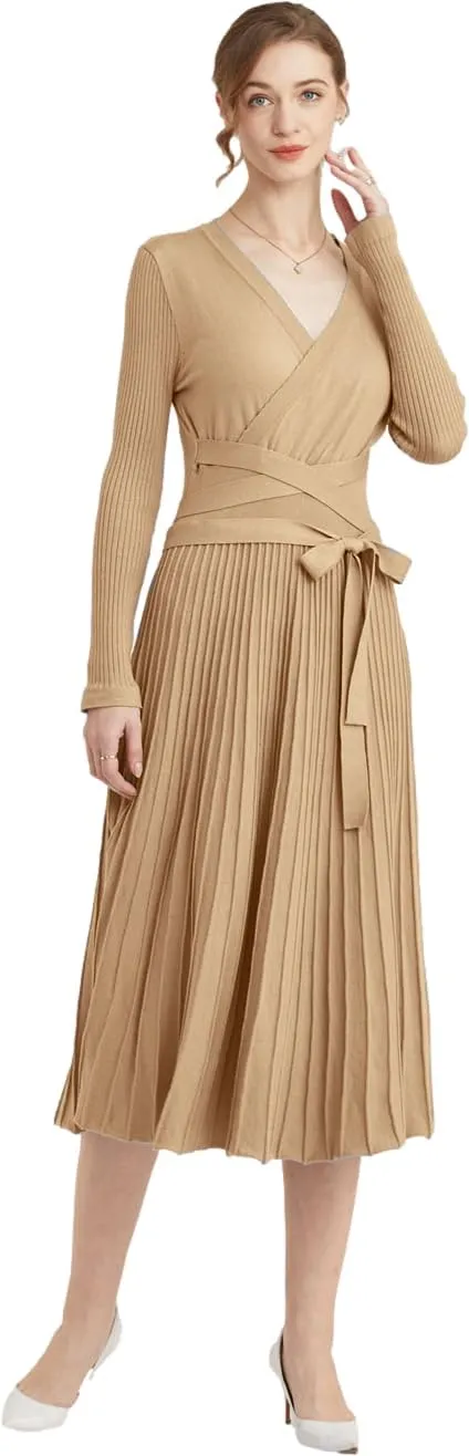 LOUSEA Women fit and Flare Sweater Dress tie Waist Pleated Dress Crewneck Knitted Dress