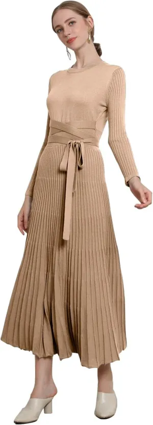 LOUSEA Women fit and Flare Sweater Dress tie Waist Pleated Dress Crewneck Knitted Dress