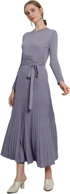 LOUSEA Women fit and Flare Sweater Dress tie Waist Pleated Dress Crewneck Knitted Dress