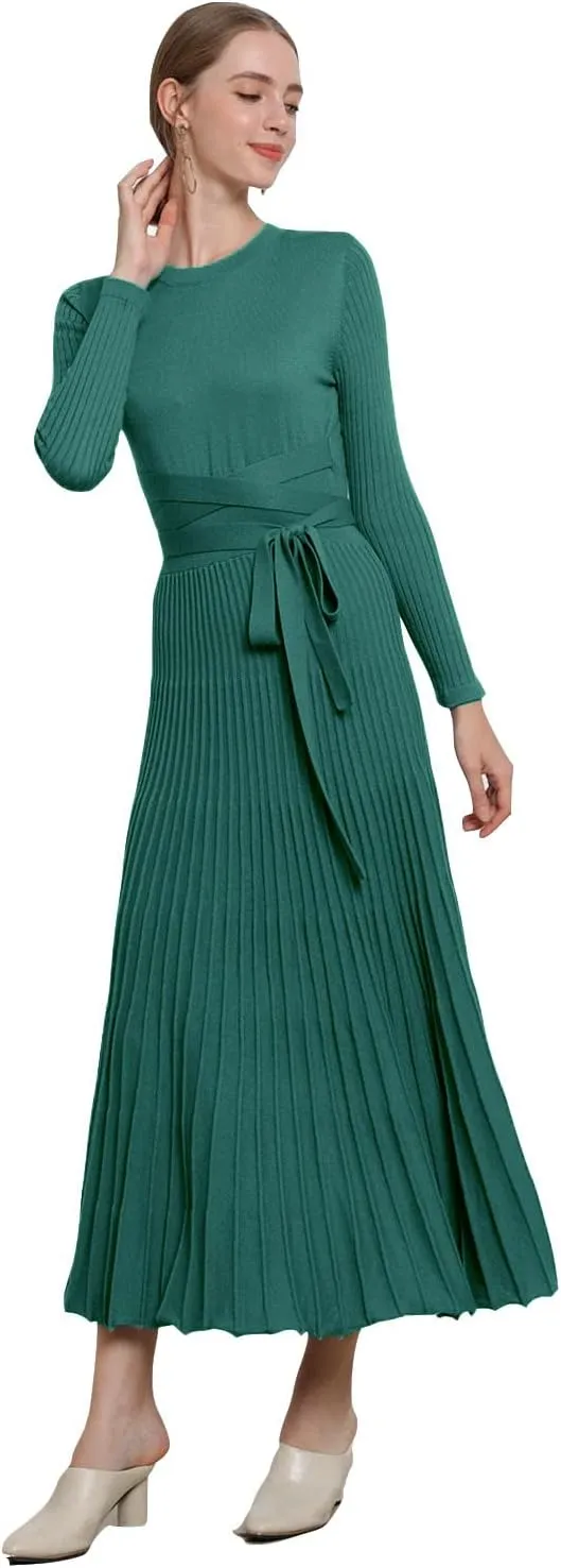 LOUSEA Women fit and Flare Sweater Dress tie Waist Pleated Dress Crewneck Knitted Dress