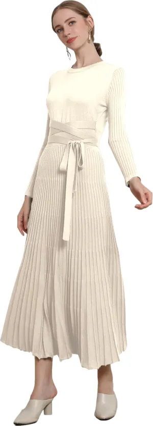 LOUSEA Women fit and Flare Sweater Dress tie Waist Pleated Dress Crewneck Knitted Dress