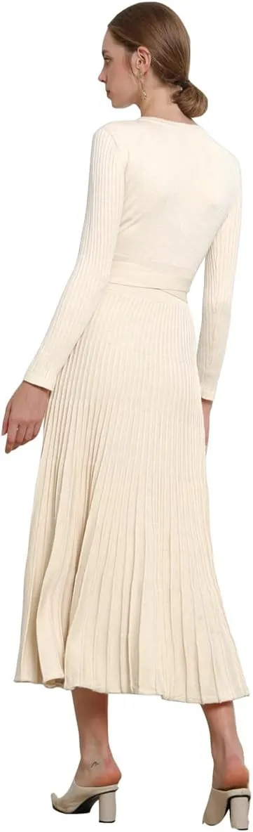 LOUSEA Women fit and Flare Sweater Dress tie Waist Pleated Dress Crewneck Knitted Dress