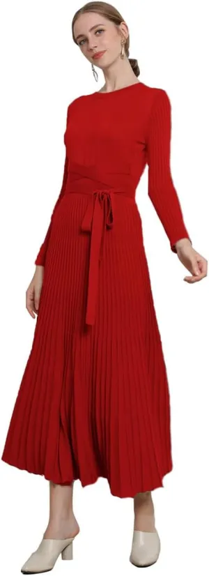 LOUSEA Women fit and Flare Sweater Dress tie Waist Pleated Dress Crewneck Knitted Dress