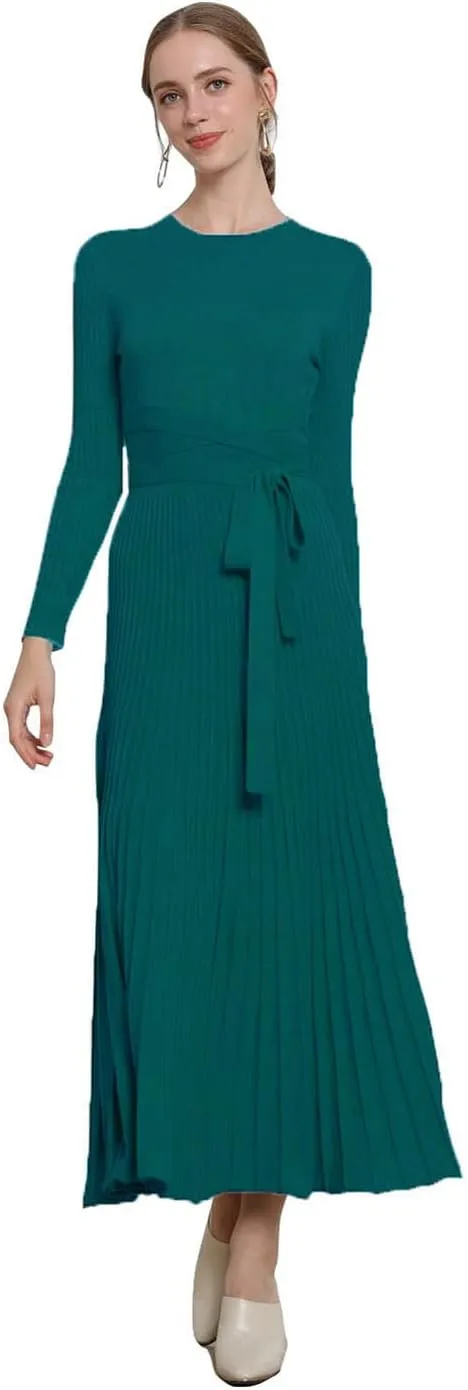 LOUSEA Women fit and Flare Sweater Dress tie Waist Pleated Dress Crewneck Knitted Dress