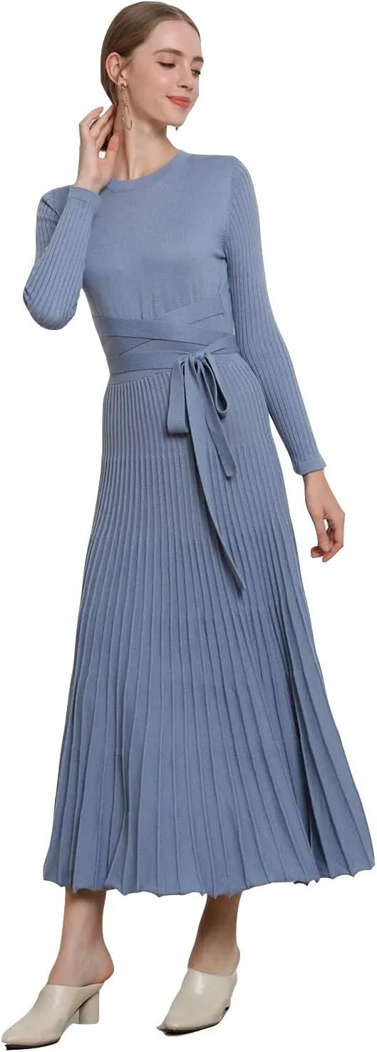 LOUSEA Women fit and Flare Sweater Dress tie Waist Pleated Dress Crewneck Knitted Dress