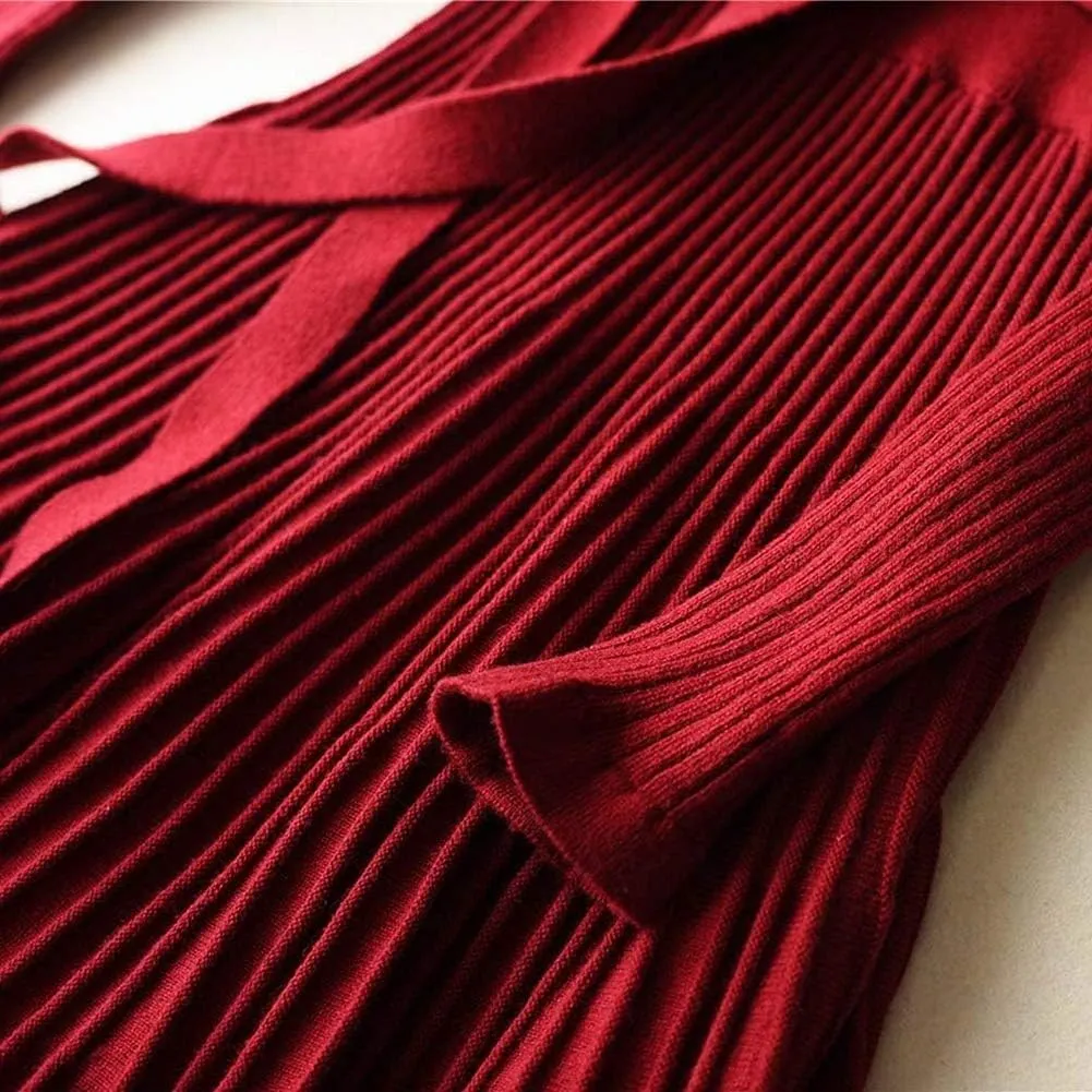 LOUSEA Women fit and Flare Sweater Dress tie Waist Pleated Dress Crewneck Knitted Dress
