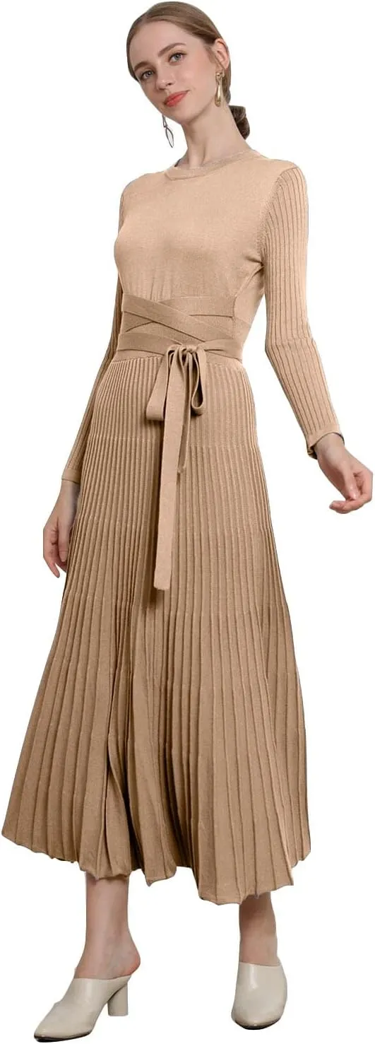 LOUSEA Women fit and Flare Sweater Dress tie Waist Pleated Dress Crewneck Knitted Dress