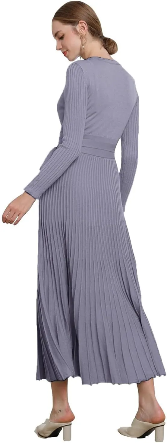LOUSEA Women fit and Flare Sweater Dress tie Waist Pleated Dress Crewneck Knitted Dress