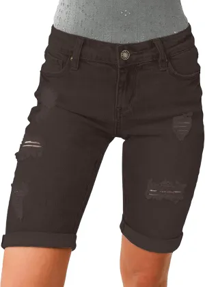 luvamia Women High Waisted Stretch Bermuda Shorts Ripped Rolled Hem Jean Shorts