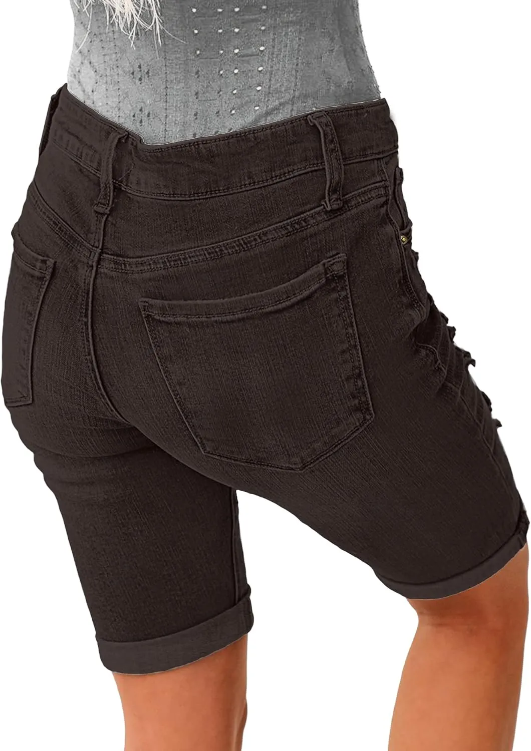 luvamia Women High Waisted Stretch Bermuda Shorts Ripped Rolled Hem Jean Shorts