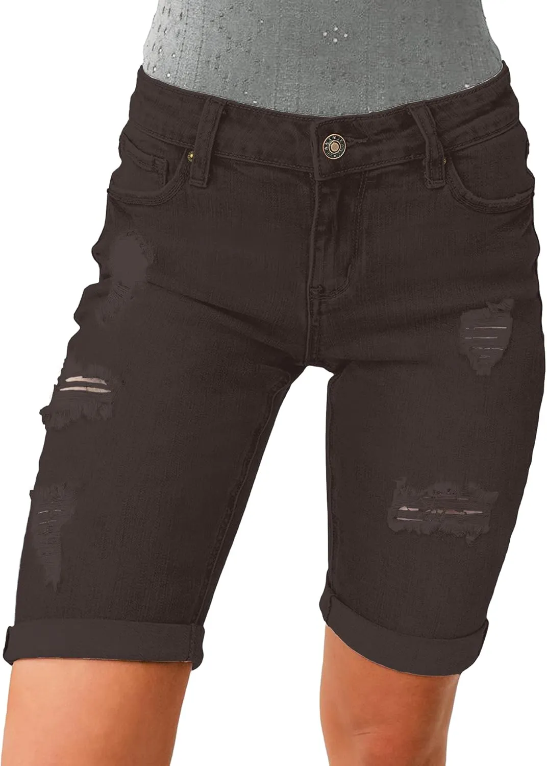 luvamia Women High Waisted Stretch Bermuda Shorts Ripped Rolled Hem Jean Shorts