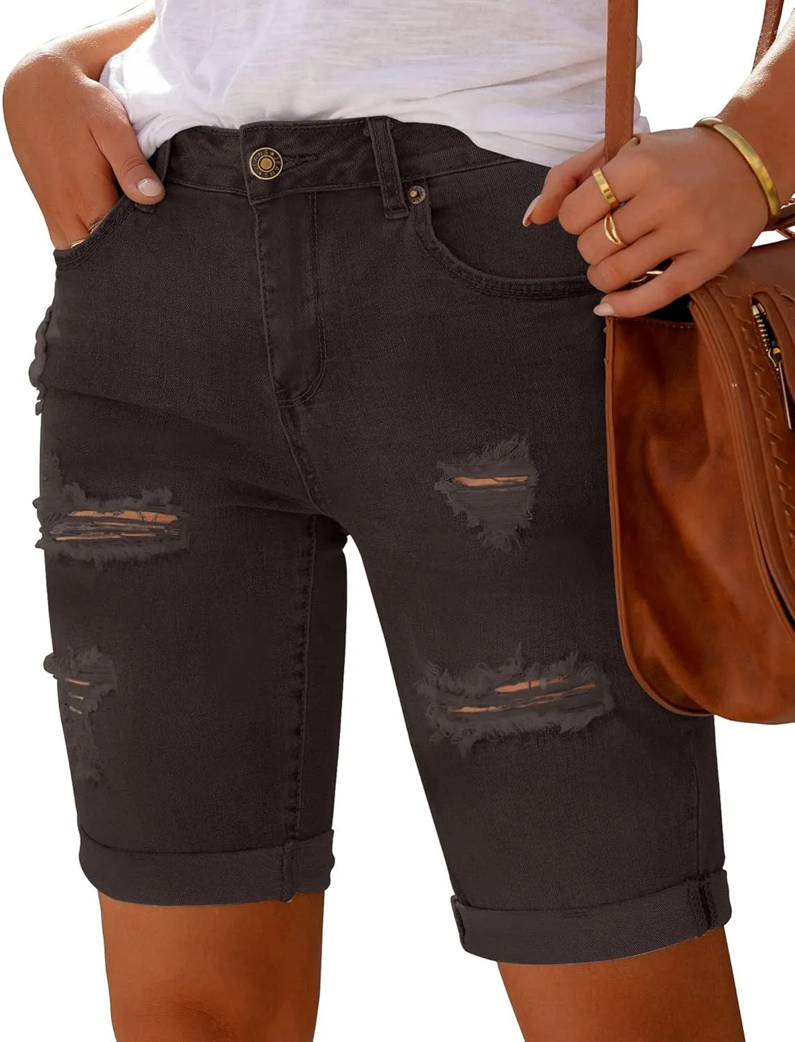 luvamia Women High Waisted Stretch Bermuda Shorts Ripped Rolled Hem Jean Shorts