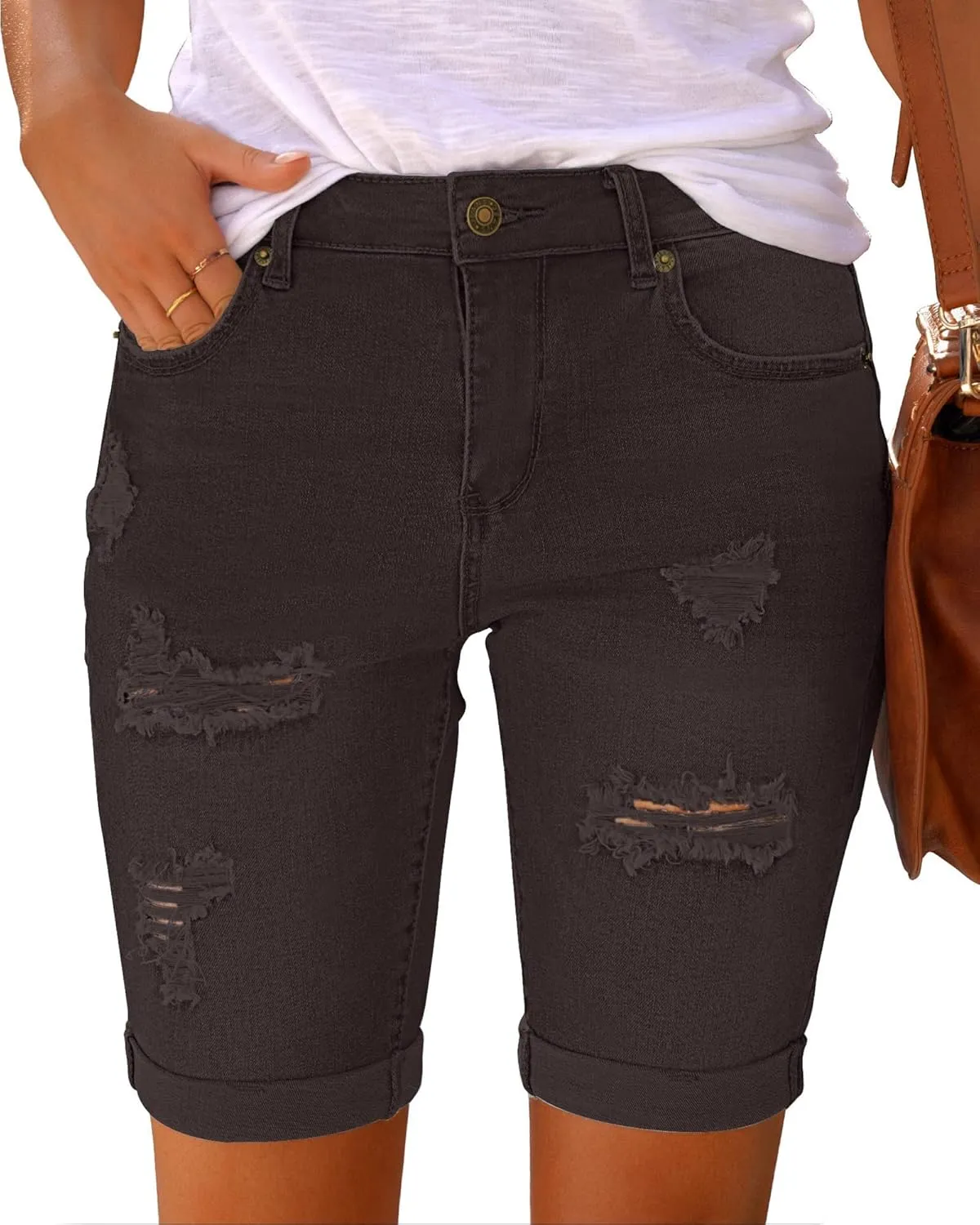 luvamia Women High Waisted Stretch Bermuda Shorts Ripped Rolled Hem Jean Shorts