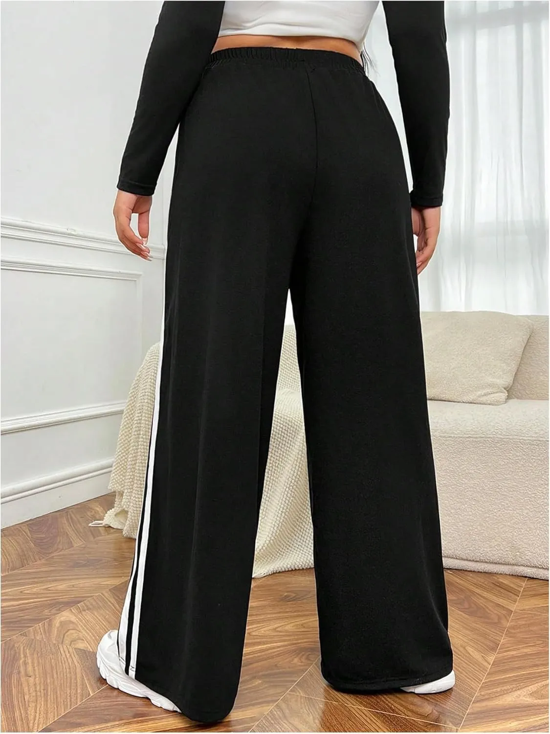 MakeMeChic Women's Plus Size Striped Elastic Waist Wide Leg Baggy Jogger Sweatpants Active Trousers
