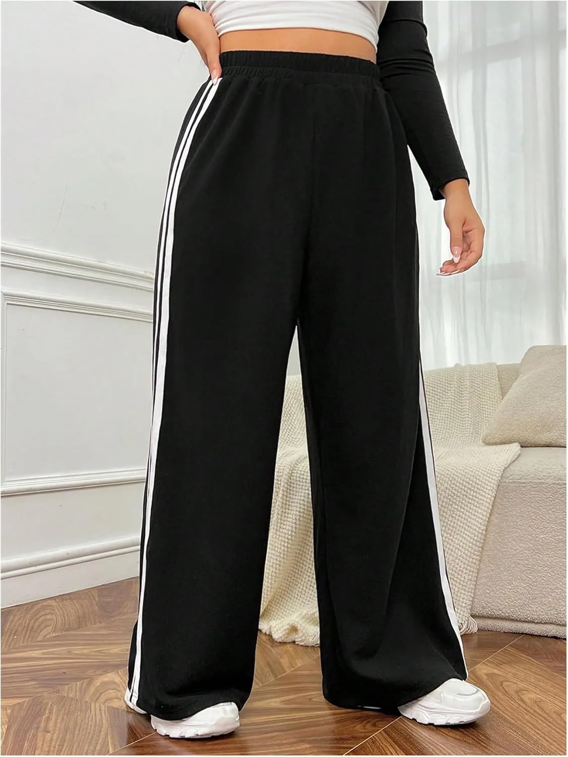 MakeMeChic Women's Plus Size Striped Elastic Waist Wide Leg Baggy Jogger Sweatpants Active Trousers
