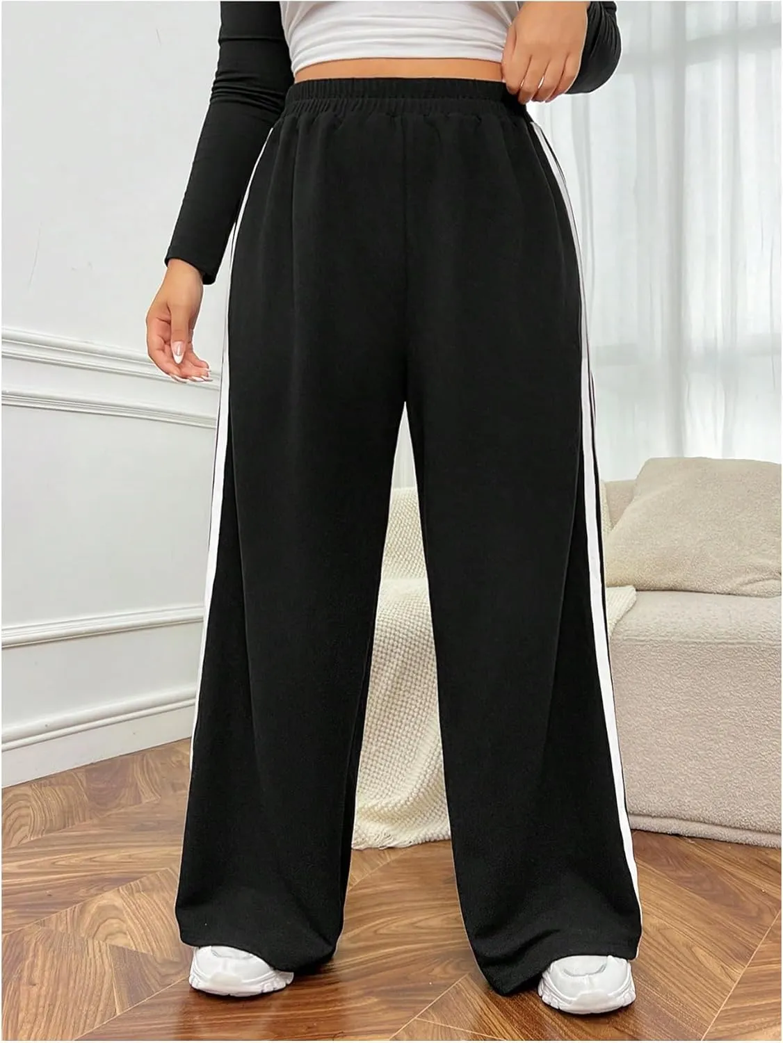 MakeMeChic Women's Plus Size Striped Elastic Waist Wide Leg Baggy Jogger Sweatpants Active Trousers